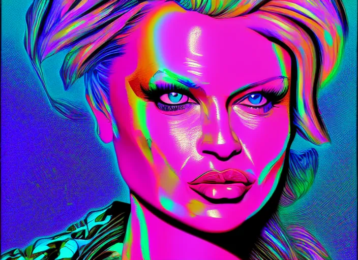 Prompt: A psychedelic portrait of Pamela Anderson, vibrant color scheme, highly detailed, in the style of romanticism, cinematic, artstation, Kevin Taylor