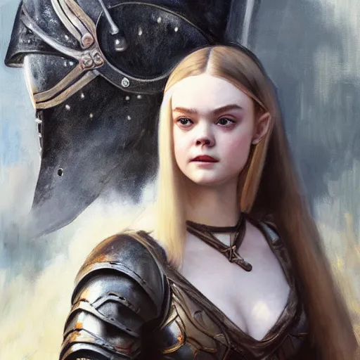 Image similar to ultra realistic portrait painting of elle fanning as a medieval knight, art by frank frazetta, 4 k, ultra realistic, highly detailed, epic lighting