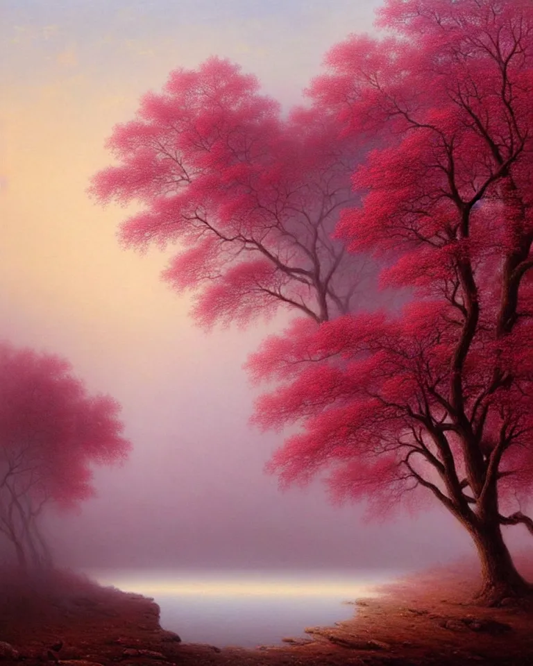 Image similar to detailed painting of a river under the oak tree, pink fog, by peter gric and ivan aivazovsky, trending on artstation