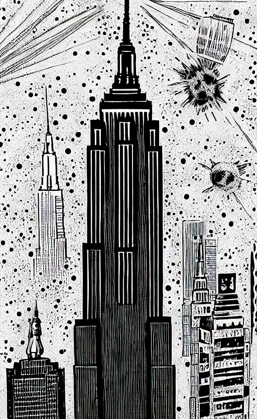 Image similar to king kong and empire state building, extremely detailed, bold line art, by vincent di fate and joe fenton, inking, etching, screen print, masterpiece, trending on artstation, sharp, high contrast, hyper realistic, hd, 4 k, 8 k