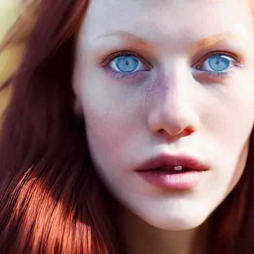 Image similar to close up portrait photograph of a thin young redhead woman with russian descent, with deep blue eyes. Wavy long maroon colored hair. she looks directly at the camera. Slightly open mouth, with a park visible in the background. 55mm nikon. Intricate. Very detailed 8k texture. Sharp. Cinematic post-processing. Award winning portrait photography. Sharp eyes.