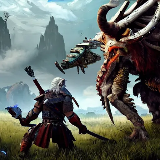 Prompt: Geralt fighting a Thunderjaw machine from Horizon Zero Dawn in the style of an oil painting