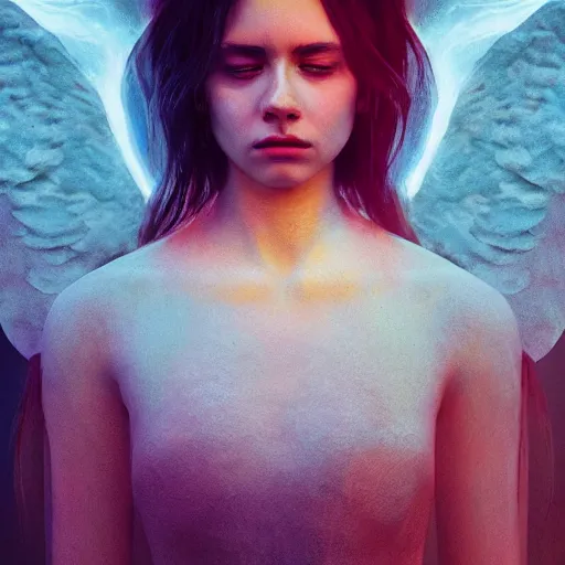 Image similar to portrait art of female angel, art by alessio albi 8 k ultra realistic, angel wings, lens flare, atmosphere, glow, detailed, intricate, full of colour, cinematic lighting, trending on artstation, 4 k, hyperrealistic, focused, extreme details, unreal engine 5, cinematic, masterpiece