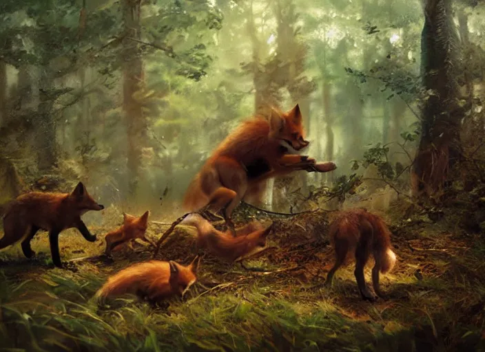 Image similar to foxes playing in the woods, digital painting, highly detailed, artstation, sharp focus, illustration, concept art, ruan jia, steve mccurry, amazing composition