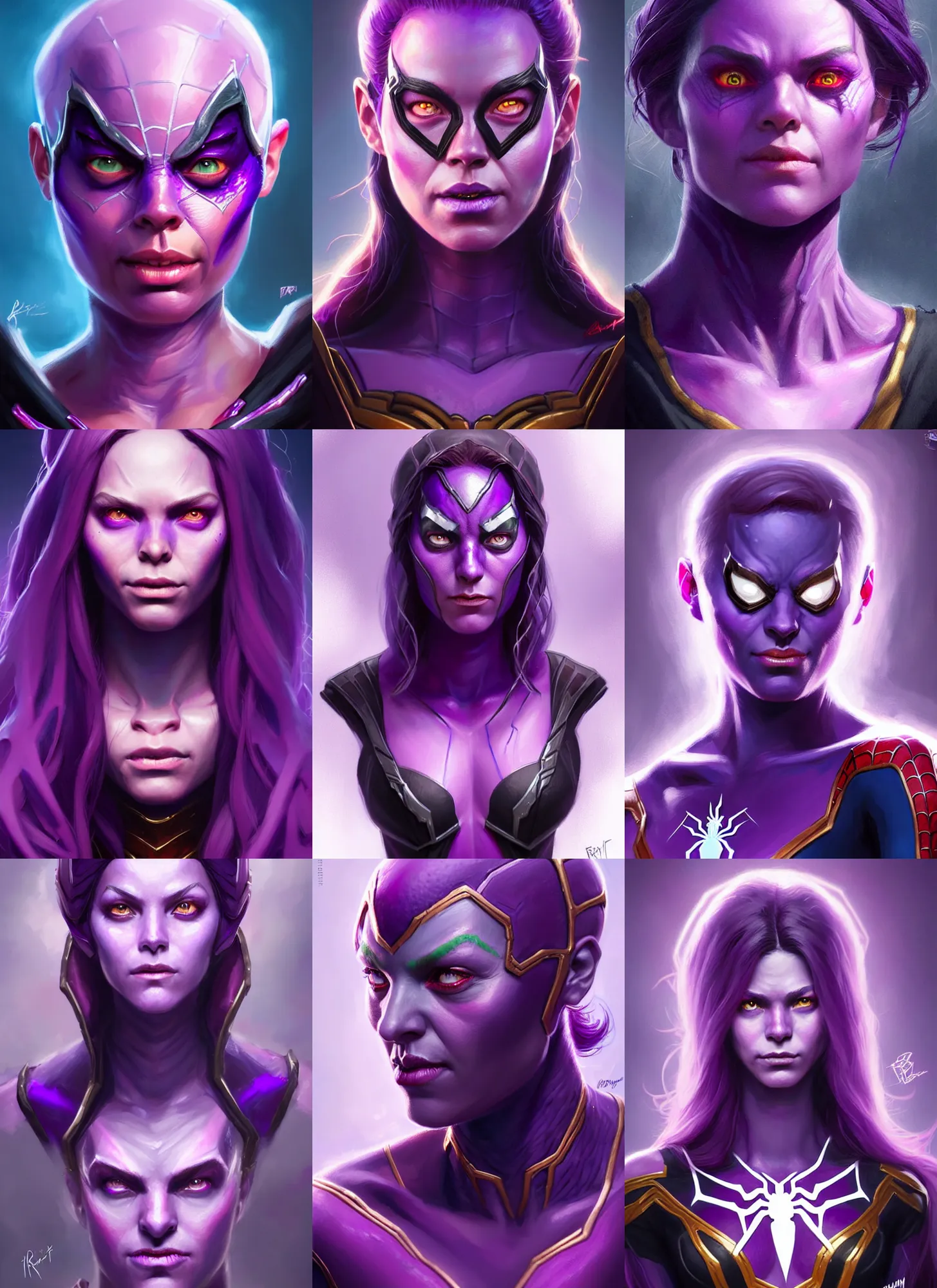 Prompt: a fantasy style portrait painting a character if spider man wanda maximoff and thanos had a daughter, purple skin, powerful chin, thanos style traits, painting, unreal 5, daz., rpg, portrait, extremely detailed, artgerm greg rutkowski _ greg
