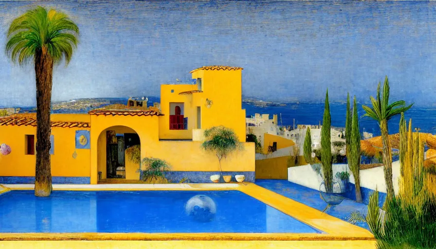 Image similar to a 1 9 9 8 southern spain house!!! costa blanca, designed by bispo do rosario, arnold bocklin, jules bastien - lepage, tarsila do amaral, arthur and gustave baumann, cheval michael, warm, mediterranean, star, sharp focus, colorful refracted sparkles and lines, soft light, 8 k 4 k