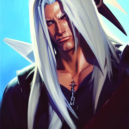 Image similar to Greg Manchess portrait painting of Sephiroth from FFVII as Overwatch character, medium shot, asymmetrical, profile picture, Organic Painting, sunny day, Matte Painting, bold shapes, hard edges, street art, trending on artstation, by Huang Guangjian and Gil Elvgren and Sachin Teng