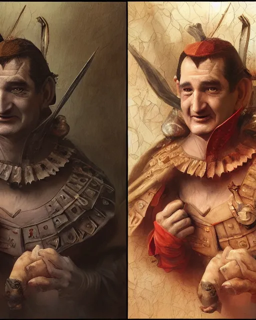 Image similar to ted cruz, court jester in renaissance era, fantasy 3 d render, masterpiece, by donato giancola and greg rutkowski and wayne barlow and zdzisław beksinski, realistic face