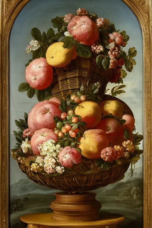 Prompt: a beautiful detailed baroque painting of fruit and flowers in a basket on a fancy tall pedestal, with a window with curtains in the background by Bartolomé Esteban Murillo