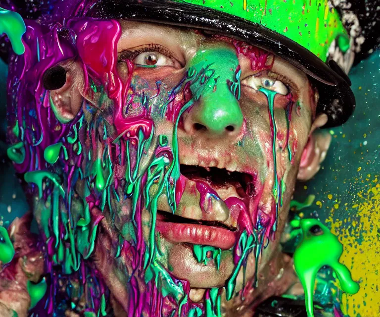 Image similar to beautiful 3 5 mm photograph of a slimy rotting zombie wearing a police uniform and police hat covered in colorful wet goop, dripping with colorful liquid, policeman, cop, biocop, intricate details, dark ambient, service cap, atmospheric, movie poster, poster, horror, elegant, super highly detailed, professional digital photo, artstation, concept art, 8 k