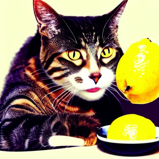 Image similar to a cat eating a lemon in disgust, photorealistic, 4K