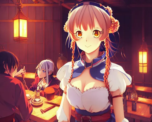 Image similar to anime visual, portrait of a young female in a busy fantasy medieval tavern interior at night, cute face by yoh yoshinari, murata range, last exile, blue submarine no 6, dynamic pose, dynamic perspective, detailed silhouette, rich texture, seven deadly sins anime, anime cels, matte color, flat lighting, rounded eyes