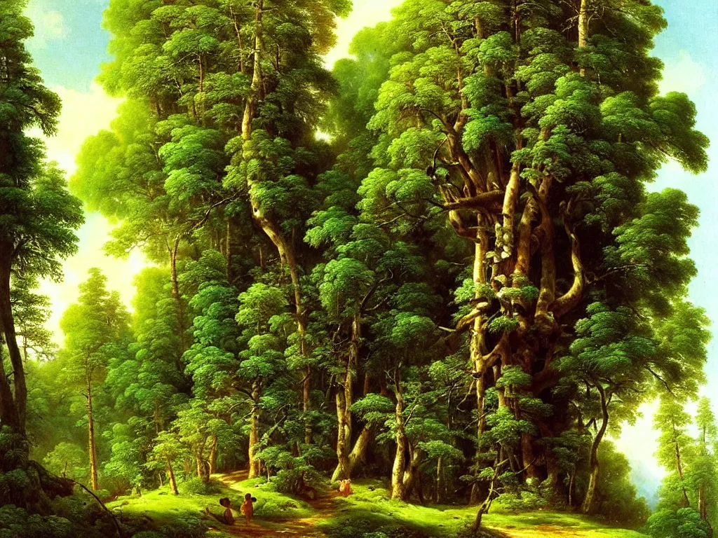 Prompt: Beautiful treehouse in a lush green forest by ivan shishkin and aivazovsky, oil on canvas, highly detailed, masterpiece