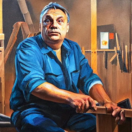 Prompt: viktor orban in a wood workshop, oil painting