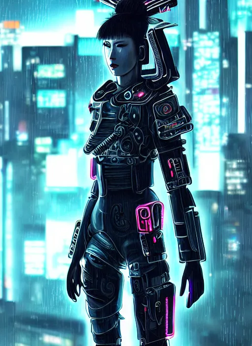 Prompt: stunning futuristic superb cyberpunk young female Samurai wearing samurai armor hybrid with military tactical vest, armor has neon circuitry, sci-fi in futuristic stormy heavy rain thunder flashing tokyo rooftop cyberpunk night, sci-fi,fantasy, intricate, very very beautiful, elegant, neon light, highly detailed, Cinematic, digital painting, artstation, hyper realism, concept art, soft light, hdri, smooth, sharp focus, illustration, art by tian zi and craig mullins and WLOP and alphonse mucha