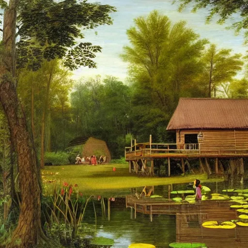 Image similar to two small log cabins on the edge of an idyllic lake that has many lily pads and brightly colored ducks on its surface, behind the cabins there is a small farm plot and a large deciduous forest, people can be seen tending to the area around the cabins, renaissance painting, high quality