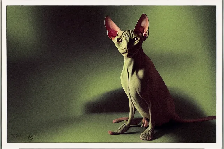 Image similar to quiet sphynx cat, painted by dave mckean and phil foglio, trending on artstation, bright front view portrait, tonalism, polaroid, long exposure, byzantine