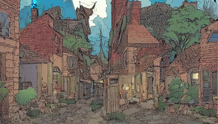 Prompt: ligne claire art of a sparse village intertwined with nature, street-level view, by Moebius, bright colors, Eisner award-winning spread