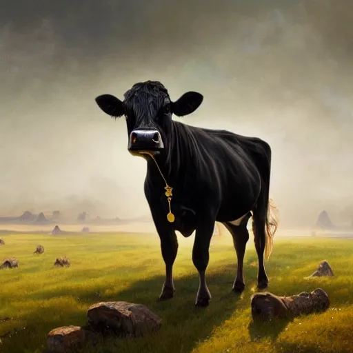Prompt: a detailed matte landscape painting of a starry cow standing in a grassy field wearing a witch hat, cow wearing hat!!! viewed in profile and far away, fog in the background, ultrawide lens, aerial photography, black and blue color scheme with gold highlights, art by greg rutkowski and alphonse mucha, artstation, 8 k