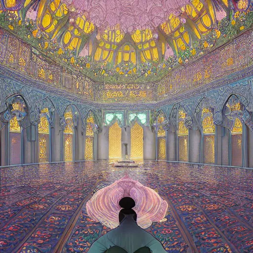 Prompt: a beautiful hyperdetailed illustration of absolutely beautiful blooming flower mosque alone, with a row of muslims behind the imam in prayer, perfectly shaded, atmospheric lighting, style of studio ghibli, makoto shinkai, raphael lacoste, louis comfort tiffany, artgerm, james jean, victo ngai, ross tran, chinese style