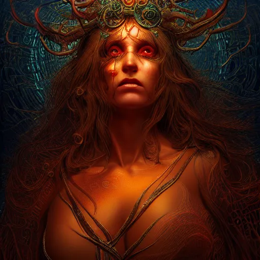 Image similar to Photorealistic demon goddess in the style of Michael Whelan and Gustave Dore. Hyperdetailed photorealism, 108 megapixels, amazing depth, glowing rich colors, powerful imagery, psychedelic Overtones, 3D finalrender, 3d shading, cinematic lighting, artstation concept art
