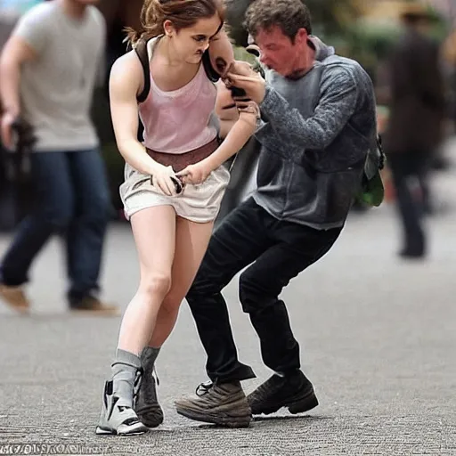 Prompt: emma watson tackling big foot to the ground, blurry focus