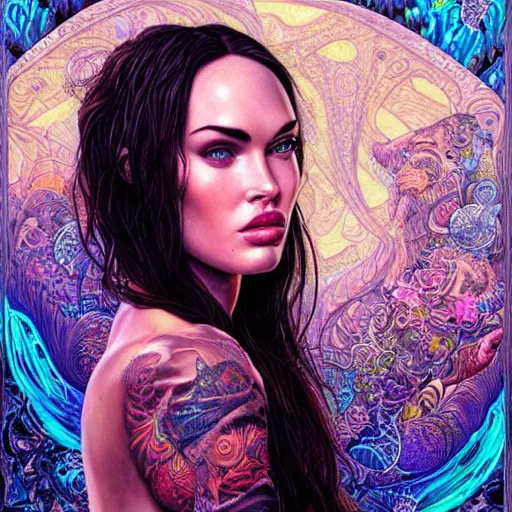 Image similar to portrait of megan fox, hyper detailed masterpiece, neon floral pattern, jean giraud, digital art painting, darkwave goth aesthetic, psychedelic, artgerm, donato giancola and tom bagshaw