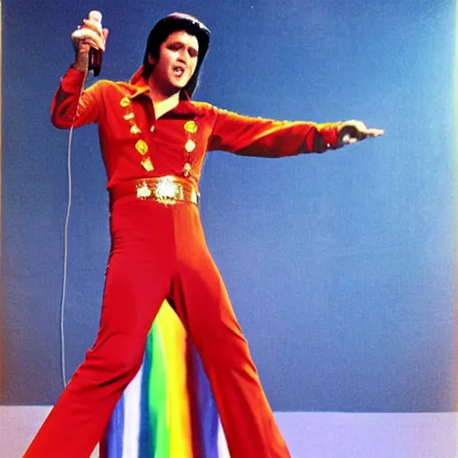 Prompt: 1 9 7 5 elvis presley performing in a jumpsuit, art of alessandro pautasso, rainbow