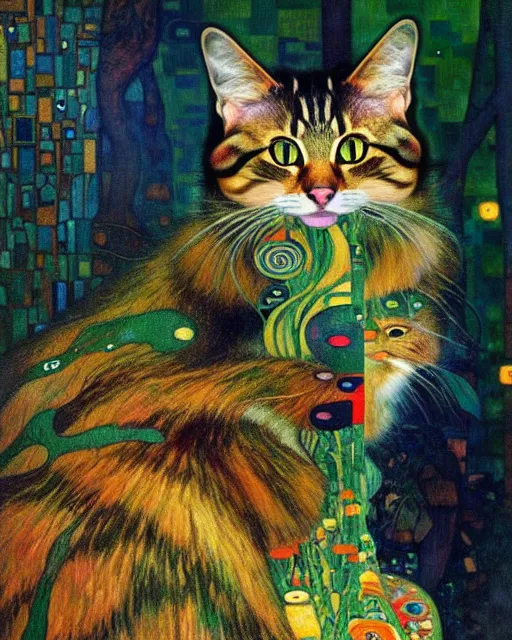 Image similar to wild forest cat portrait an oil painting splashes with many colors and shapes by gustav klimt greg rutkowski and alphonse mucha, polycount, generative art, psychedelic, fractalism, glitch art