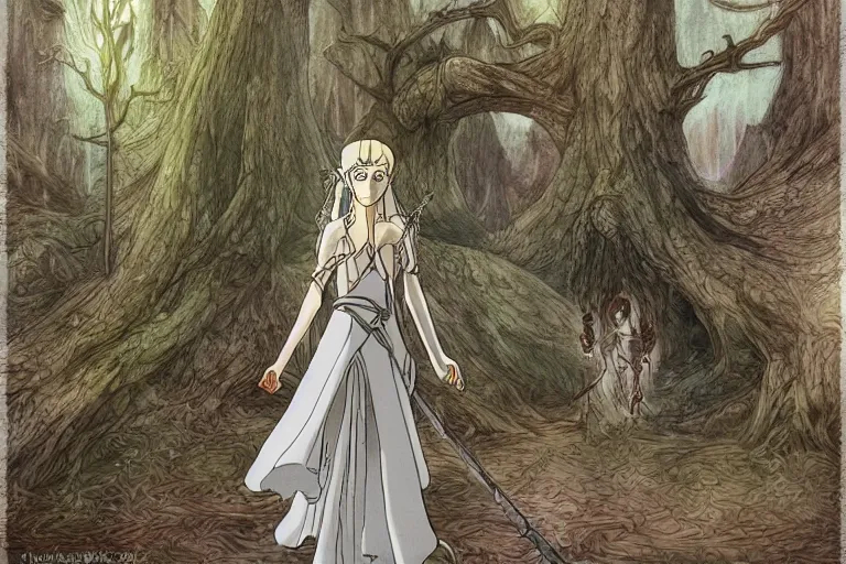 Image similar to tonemapped elven priestess by hayao miyazaki, highly detailed,