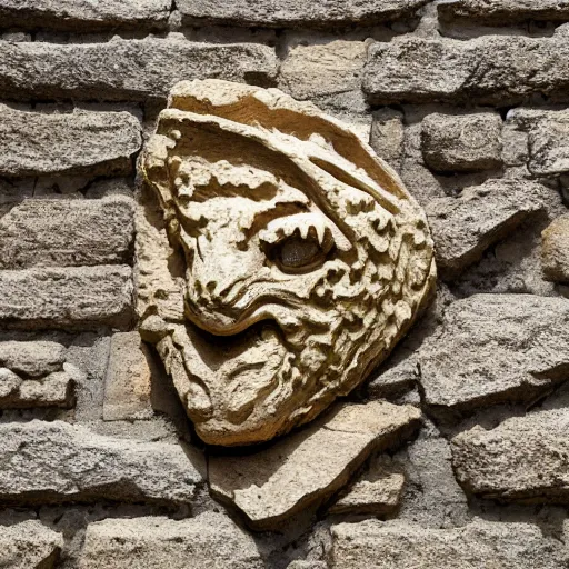 Prompt: a lizard head in the style vhils on wall in stone