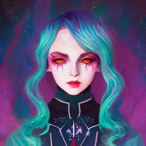 Image similar to a nonbinary changeling wearing a starry cloak, aurora colored hair, starry eyes, curious expression, character art, full body art, people watching, trending on artstation, artgerm, 4k ultra hd, sharp focus, digital art by Ilya Kuvshinov and Ross Tran,