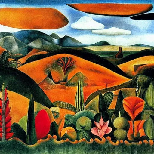 Prompt: Landscape, by Frida Kahlo.