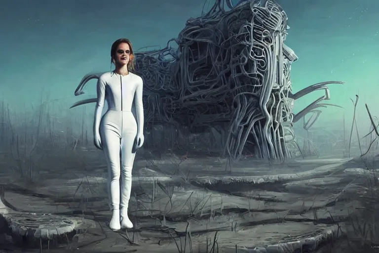 Image similar to beautiful painting of Emma Watson wearing a white leather jumpsuit in a futuristic house in the style of Simon Stålenhag and H. R. Giger, detailed, trending on Artstation