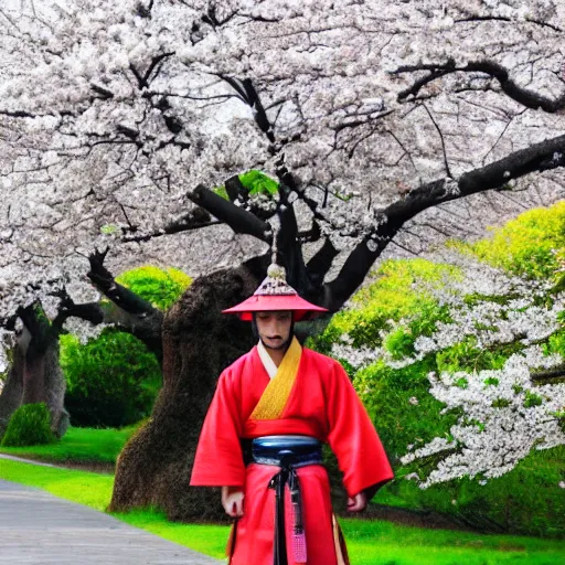 Prompt: samurai standing under a blossom tree