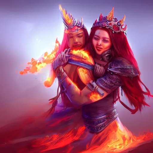 Image similar to flaming warrior queen giving someone a hug, wholesome and caring, happy, digital art, artstation, concept art, 4 k, 8 k