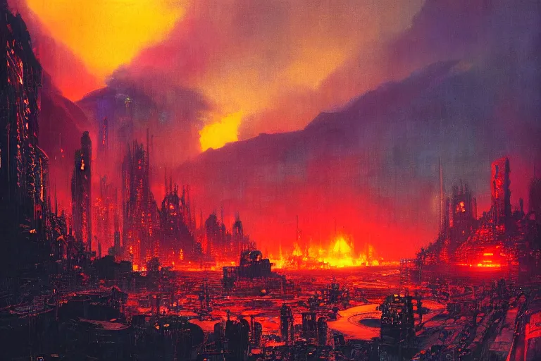 Image similar to a cyberpunk city in the heart of a volcano, lava flowing, smoke, fire, industrial, by paul lehr