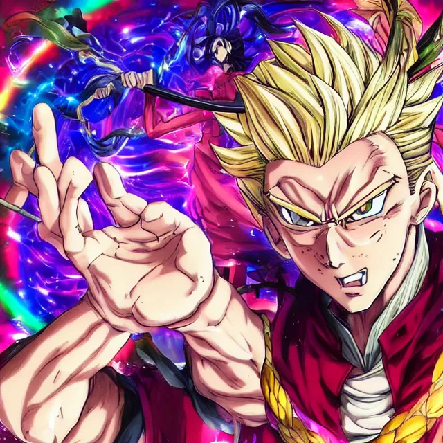 Prompt: handsome anime man channels the universe's energy in the style of jojo's bizarre adventure, ultrafine hyperrealistic detailed face illustration by kim jung gi, akira toriyama, intricate linework, sharp focus, bright colors, matte, octopath traveler, final fantasy, unreal engine highly rendered, global illumination, radiant light, intricate rainbow environment