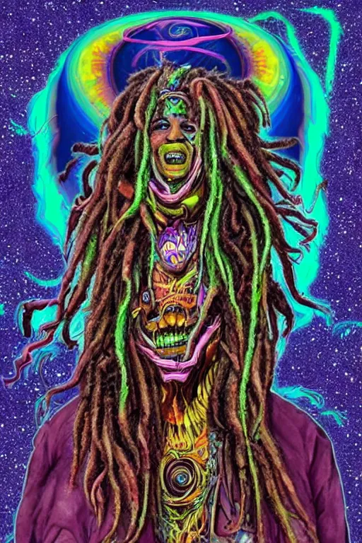 Image similar to a chaotic psychedelic monster with dreadlocks, cosmic horror