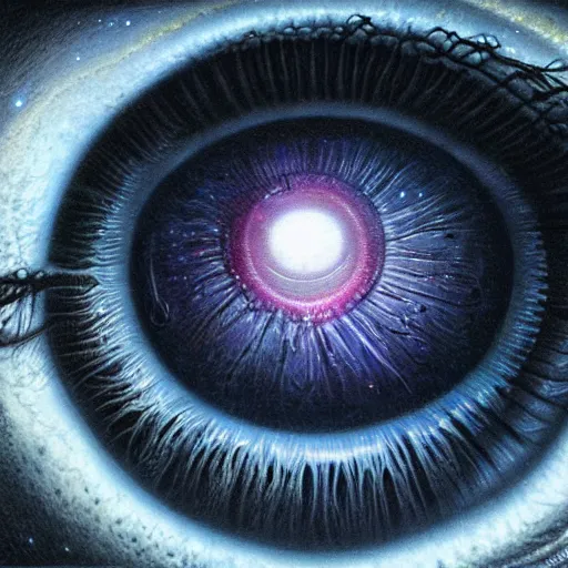 Prompt: low angle shot of a eye with the galaxy in the iris by clive barker, intricate, elegant, highly detailed, centered, digital painting, artstation, concept art, smooth, sharp focus, illustration, artgerm, Tomasz Alen Kopera, Peter Mohrbacher donato giancola, Joseph Christian Leyendecker, WLOP, Boris Vallejo.