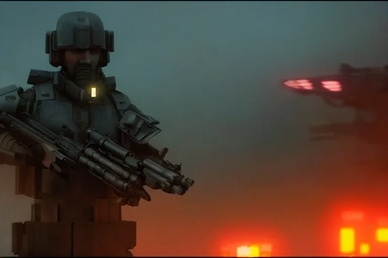 Image similar to vfx film closeup, blade runner 2 0 4 9 futuristic soldiers shoot at enemy robots futuristic war, battlefield, war zone, shootout, dilapidated city ruins, running, shooting, explosion, battlefront, leaping, flat color profile low - key lighting award winning photography arri alexa cinematography, big crowd, hyper real photorealistic cinematic beautiful, atmospheric cool colorgrade