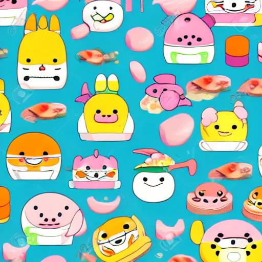 Prompt: kawaii sushi food character japanese mascot. Pastel tones. cartoon anime repeating pattern