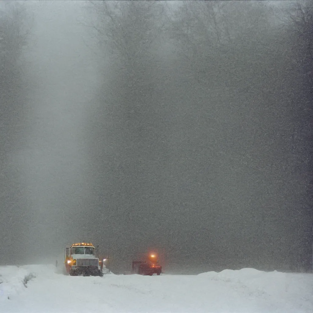 Image similar to photo, big snow plow truck is in the distance with a bright headlighta. cold color temperature, snow storm. hazy atmosphere. humidity haze. kodak ektachrome, greenish expired film, award winning, low contrast,