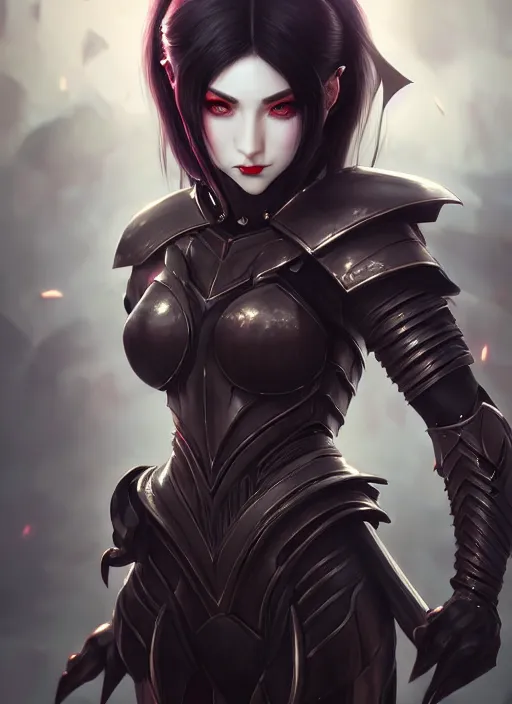 Image similar to full plate armor!!! beautiful and elegant dark hair female vampire!! gorgeous ayes!! character concept art, sharp focus, octane render! unreal engine 5! highly rendered!! trending on artstation!! detailed linework!! illustration by artgerm, wlop, and chie yoshii