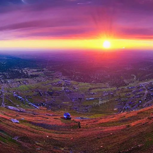 Image similar to panoramic picture taken with a wide angle lens from the top of a high mountain. hundreds of brightly coloured hot air balloons are floating in the sky. picture taken at sunset. simon stalenhag style, extremely detailed scenic, impressive lighting