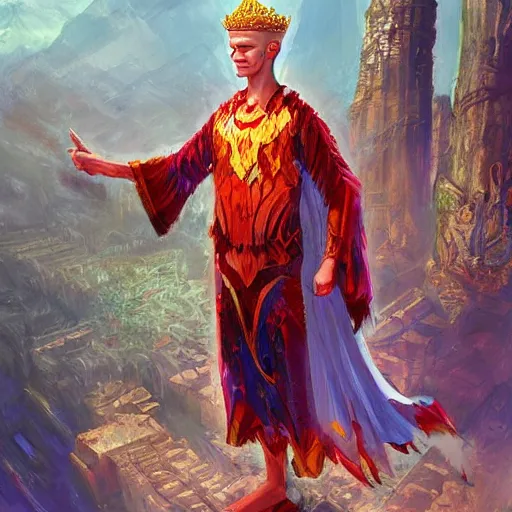 Image similar to Vitalik Buterin dressed as a god, king, in the style of Marc Simonetti