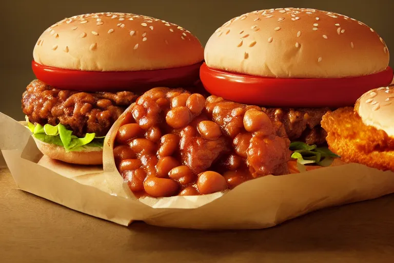 Image similar to mcdonalds baked beans burger, ( ( ( ( patty ) ) ) ), commercial photograph