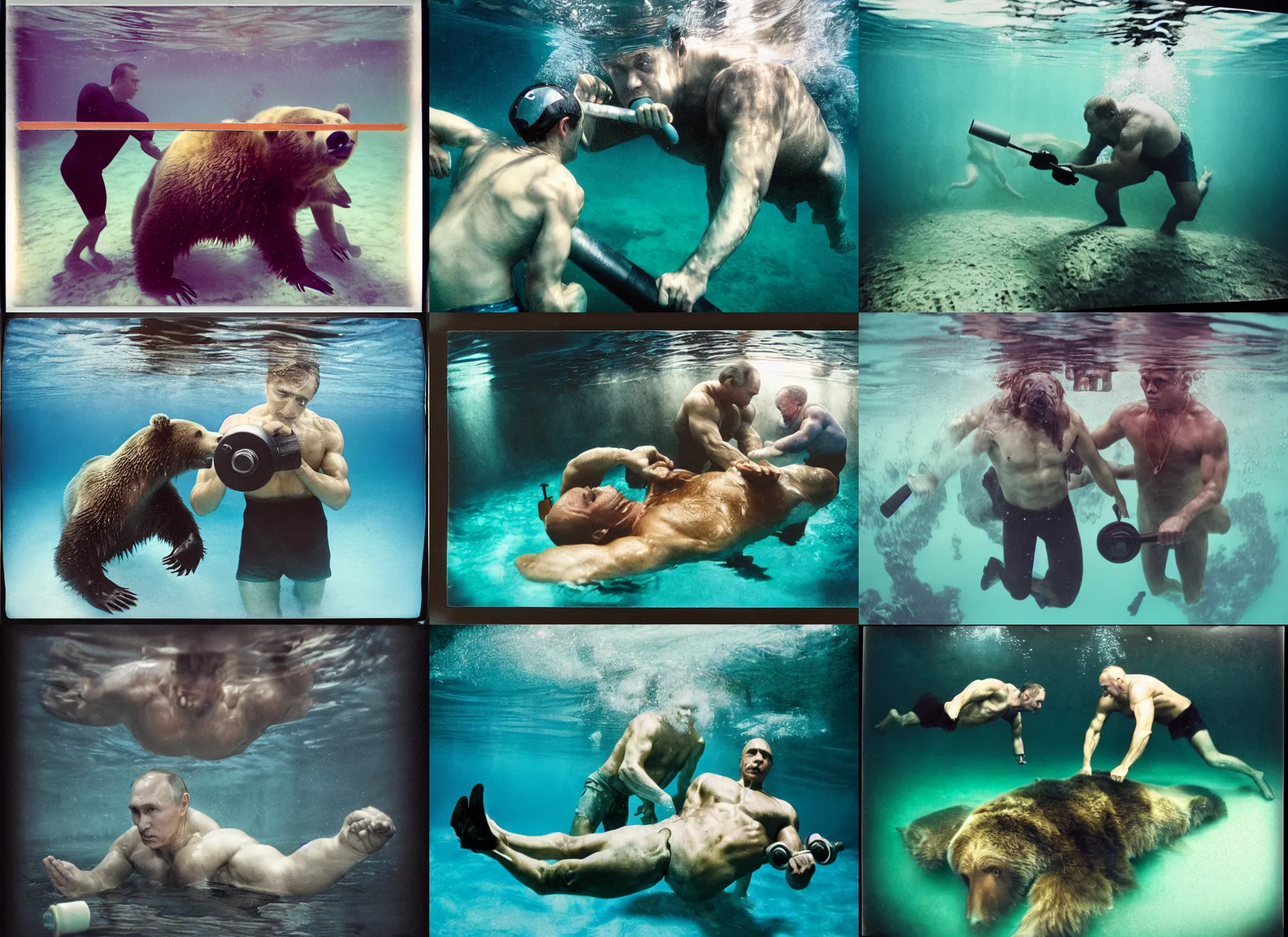 Prompt: medium shot, vladimir putin pumping iron l, underwater with grizzly bear, polaroid photo, vintage, neutral colors, underwater, by shawn heinrichs and gregory crewdson