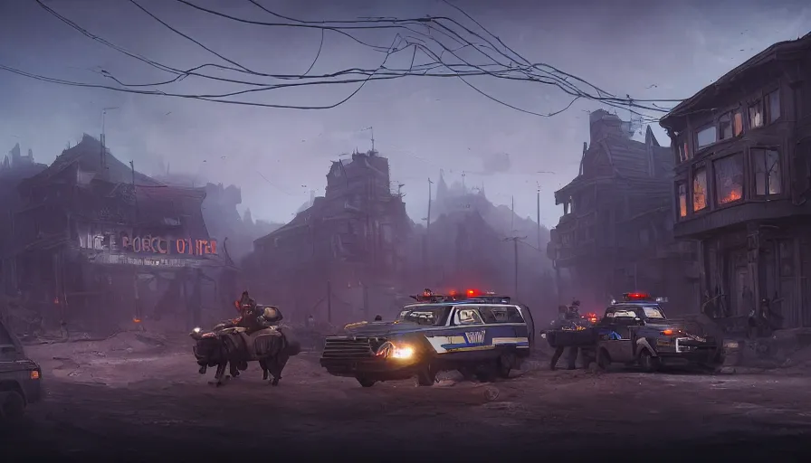 Image similar to a militarized police vehicle riding through an orwellian town, police searching the area, action scene, an epic fantasy, dramatic lighting, cinematic, establishing shot, extremely high detail, photorealistic, cinematic lighting, artstation, octane render, by simon stalenhag, horizon forbidden west