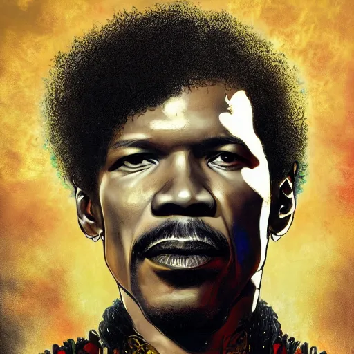 Image similar to UHD movie still of Jamie Foxx as Jimi Hendrix by Antonio Caparo and Ferdinand Knab and Amano UHD photorealistic trending on artstation